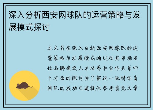 深入分析西安网球队的运营策略与发展模式探讨