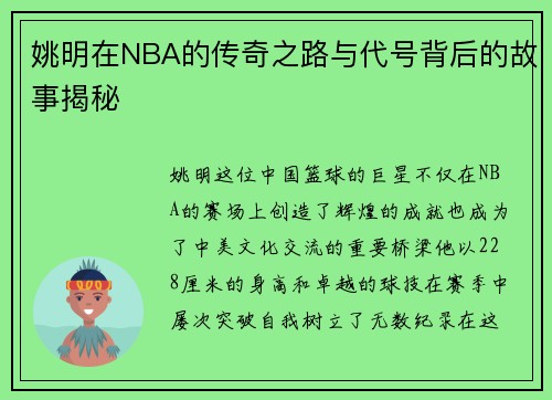 姚明在NBA的传奇之路与代号背后的故事揭秘